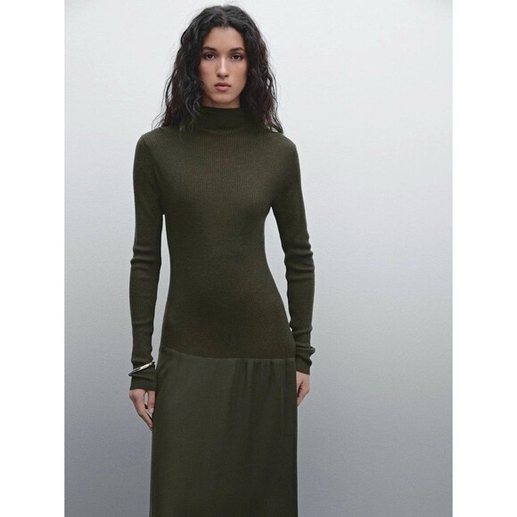 MASSIMO DUTTI Contrast Knit Dress Olive Green Size Large Mock Neck Flowy Bottom - Picture 2 of 16